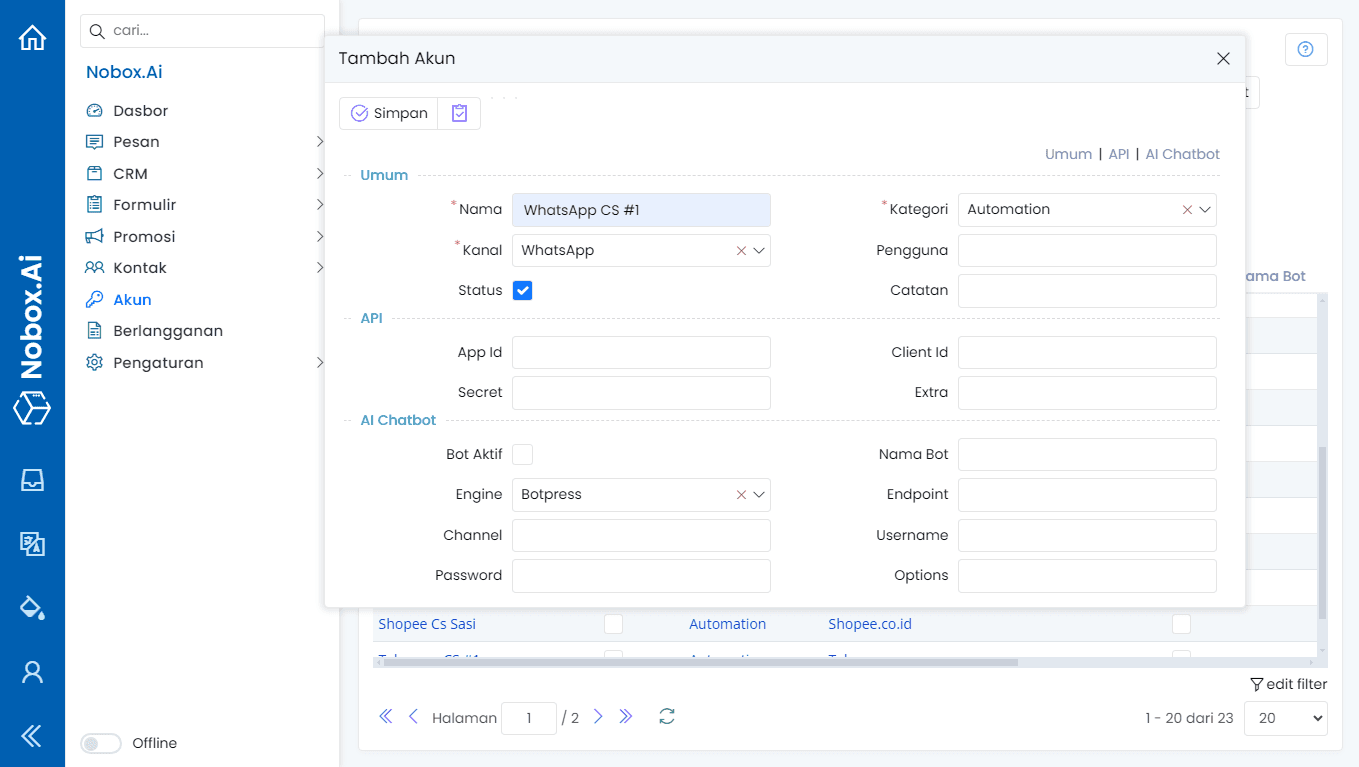 Tampilan Dasbor NoBox