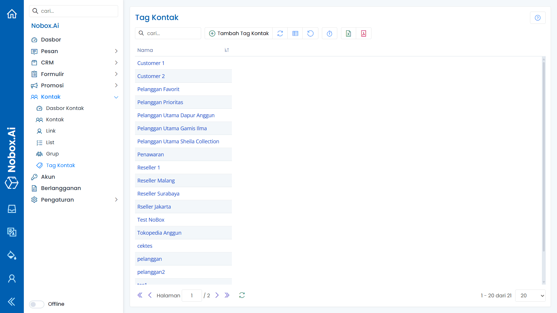 Tampilan Menu Tag Kontak