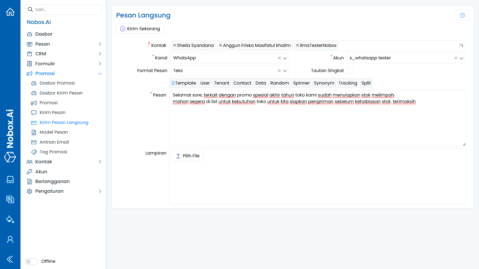 Tampilan Menu Kirim Pesan Langsung