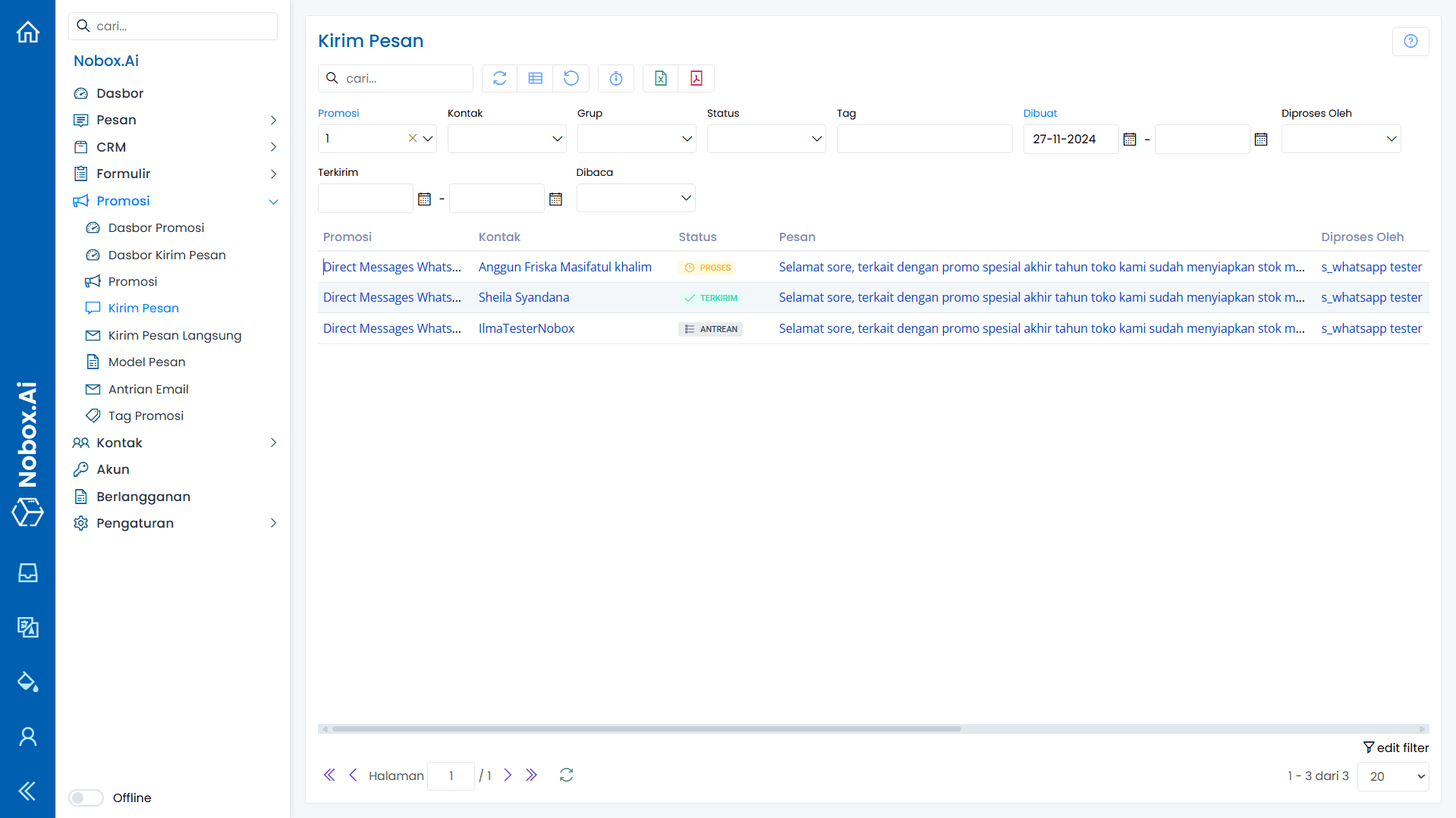 Hasil Kirim Pesan Langsung