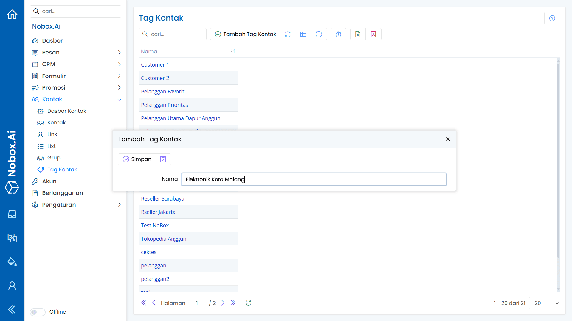 Dialog Tambah Tag Kontak