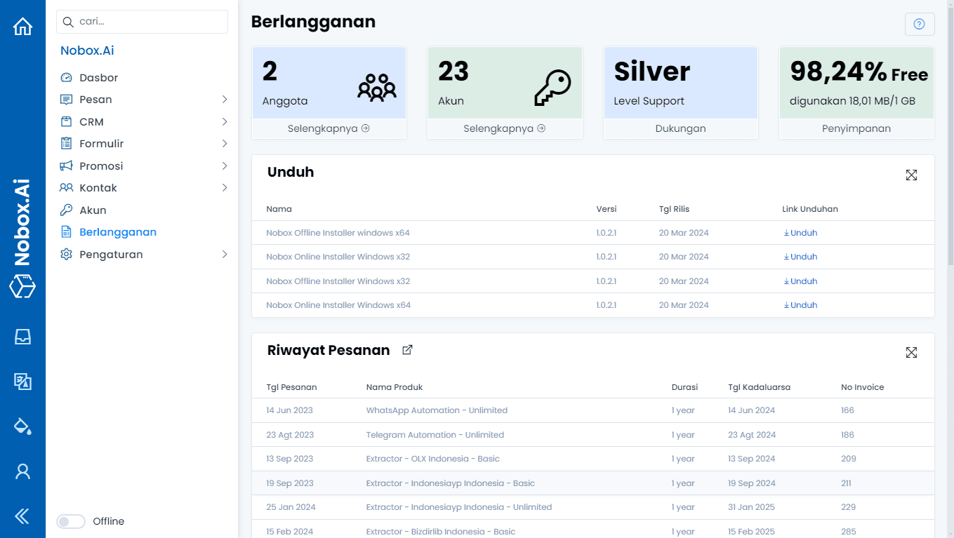 Tampilan Menu Berlangganan