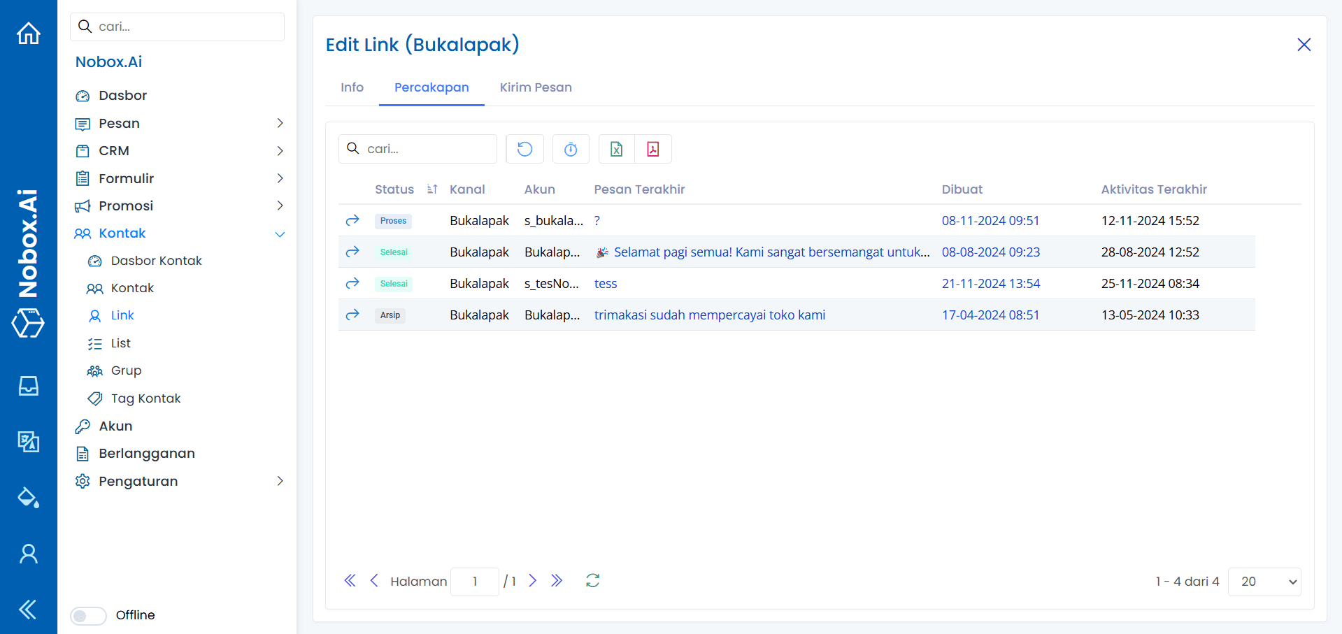 Tab Percakapan pada Data Link