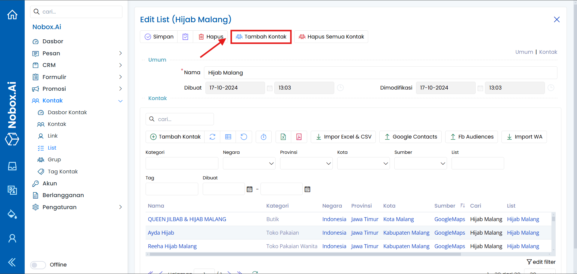 Opsi Menambah Kontak ke List