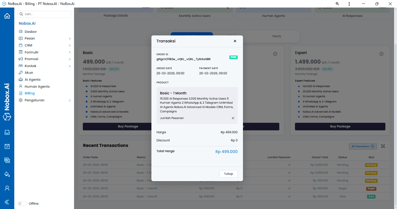 Tampilan Menu Billing