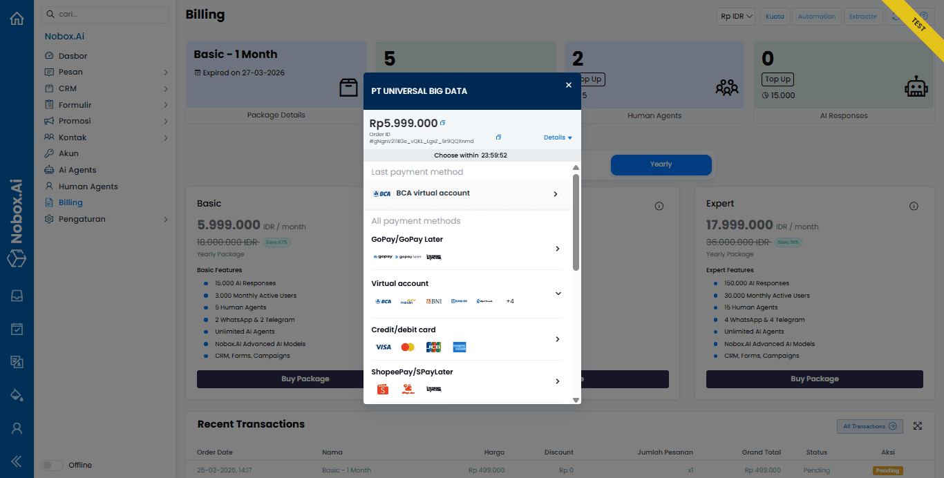 Tampilan Menu Billing
