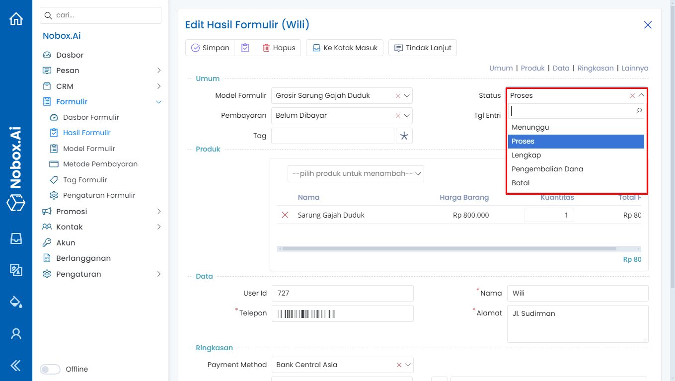 Tampilan Dasbor NoBox