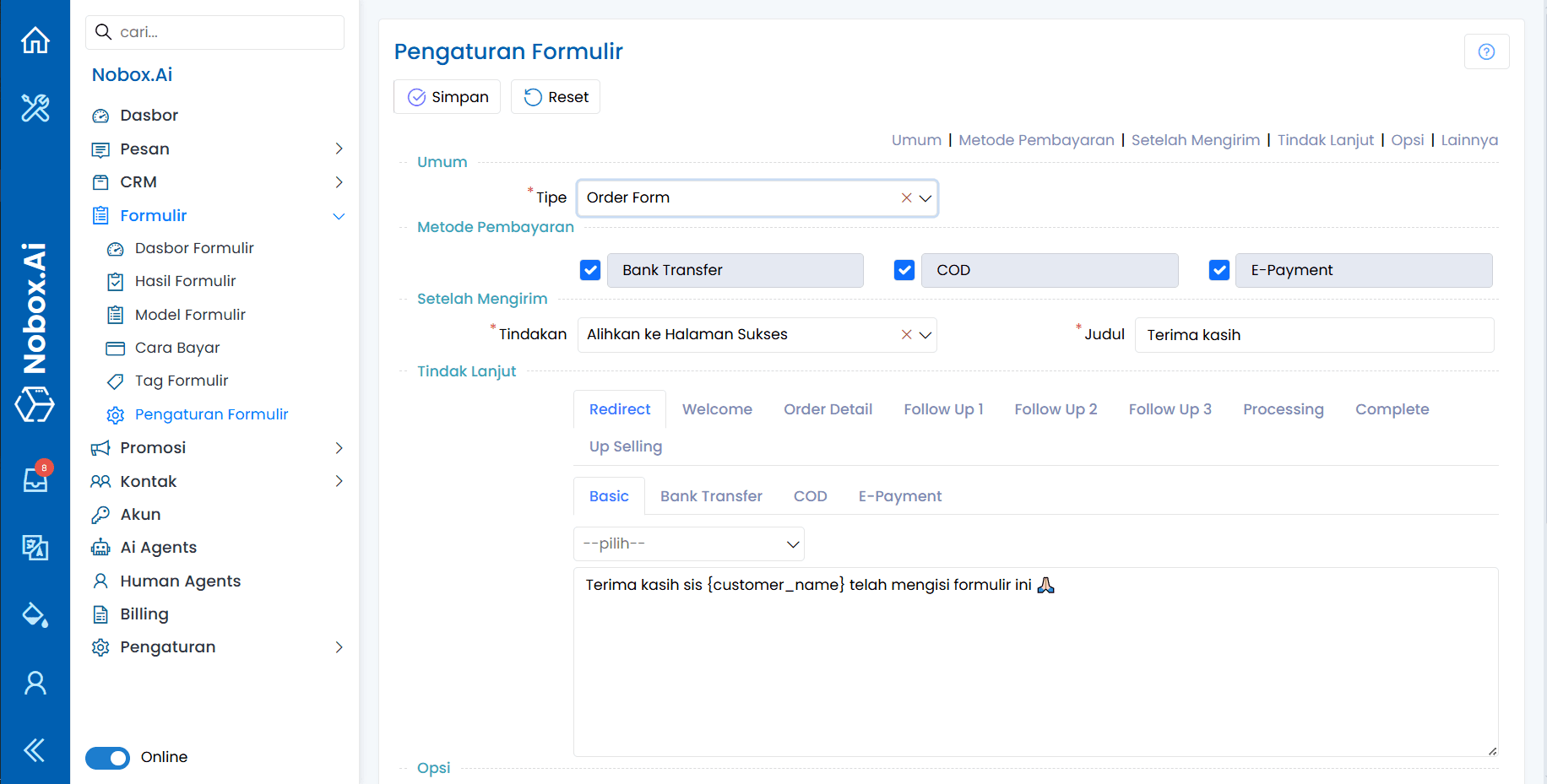 Tampilan Formulir Pengaturan