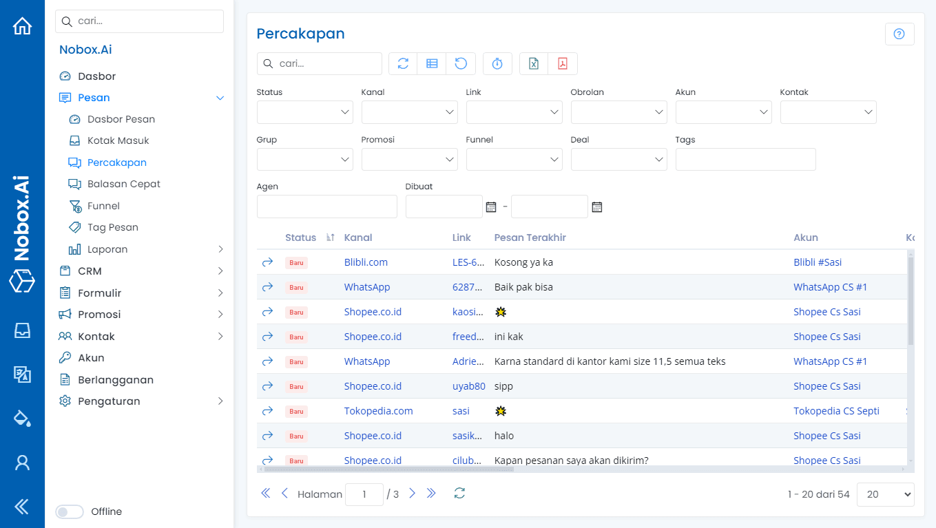 Tampilan Menu Percakapan