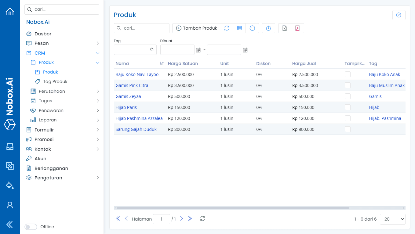 Tampilan Dasbor NoBox