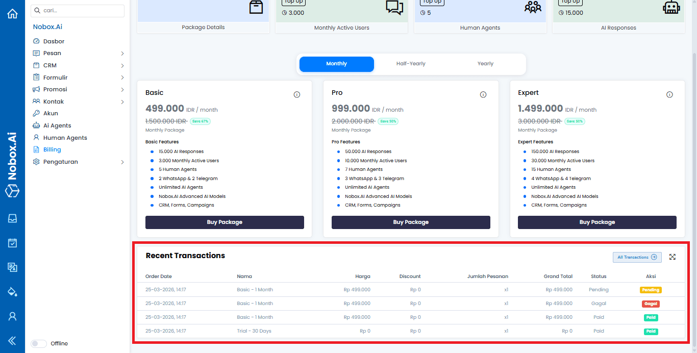 Tampilan Menu Billing