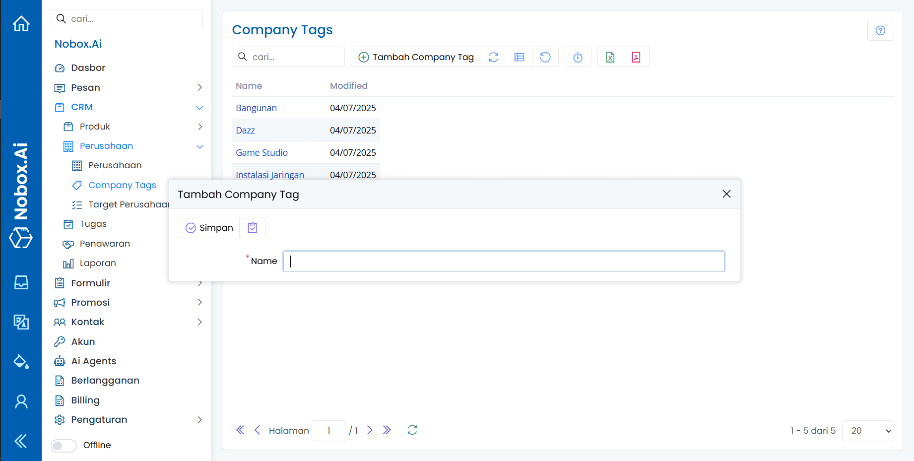 Tampilan Dasbor NoBox