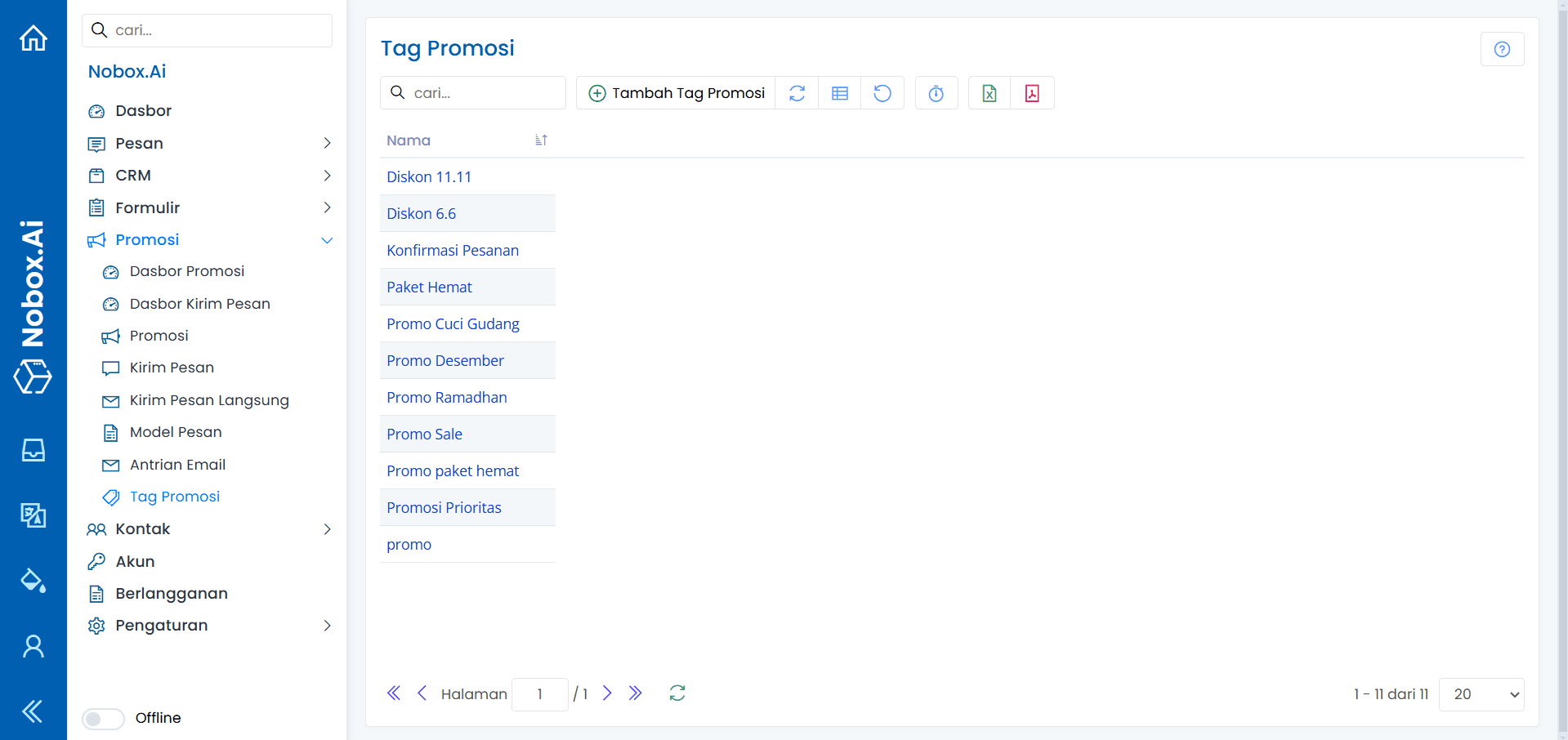 Tampilan Menu Tag Promosi