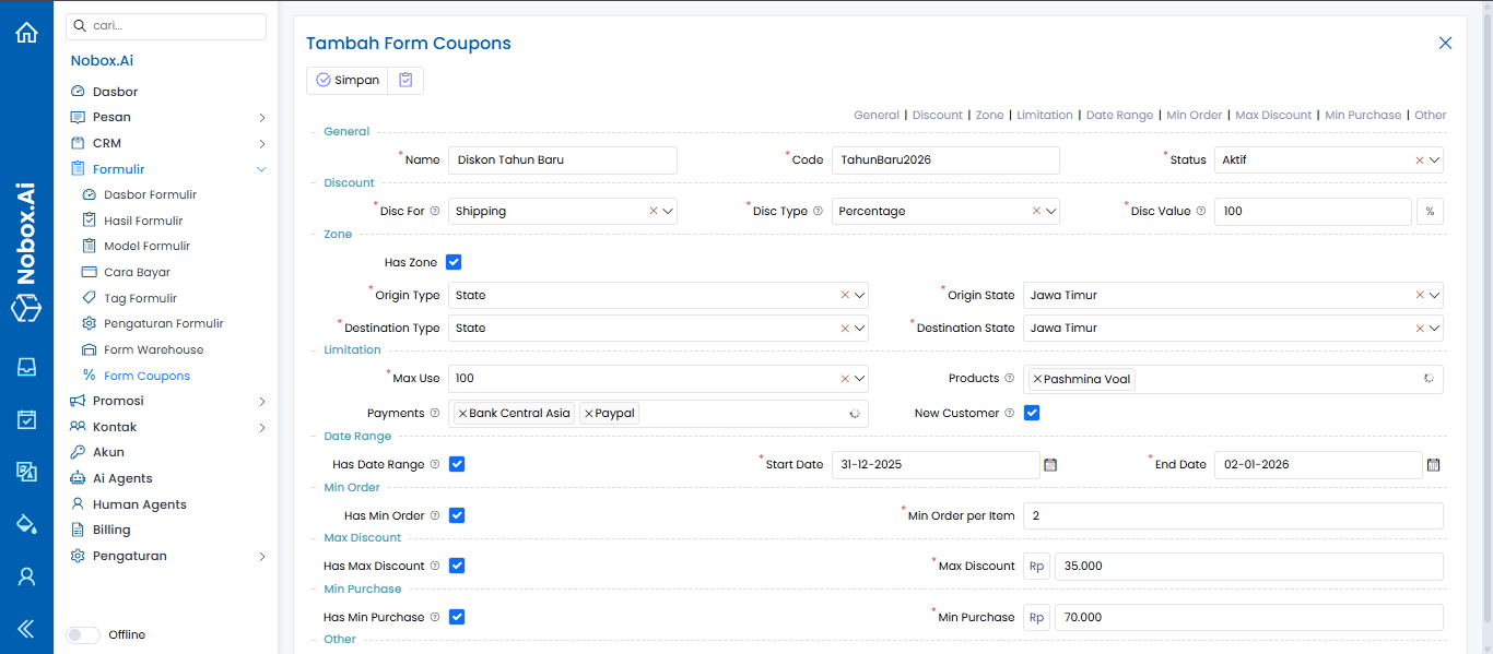 Tampilan Tambah Form Coupons