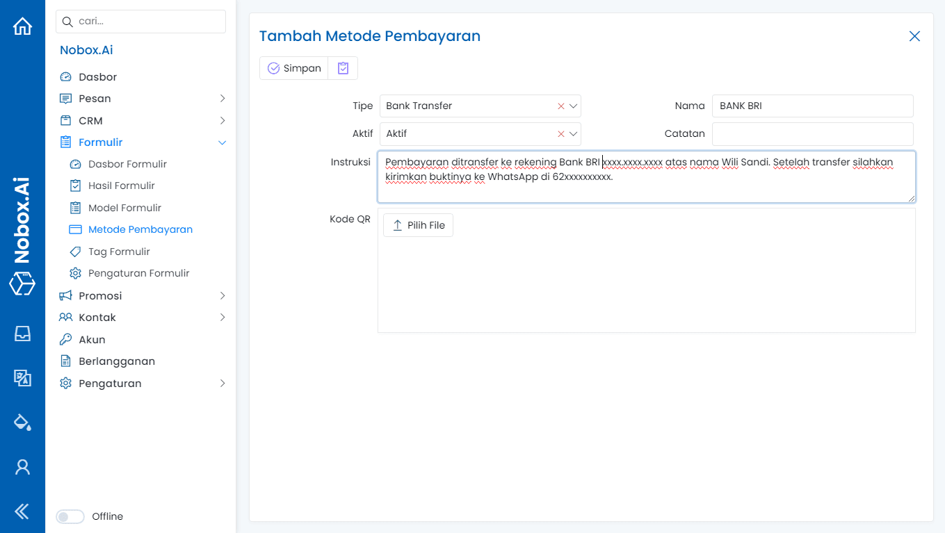 Tampilan Tambah Metode Pembayaran