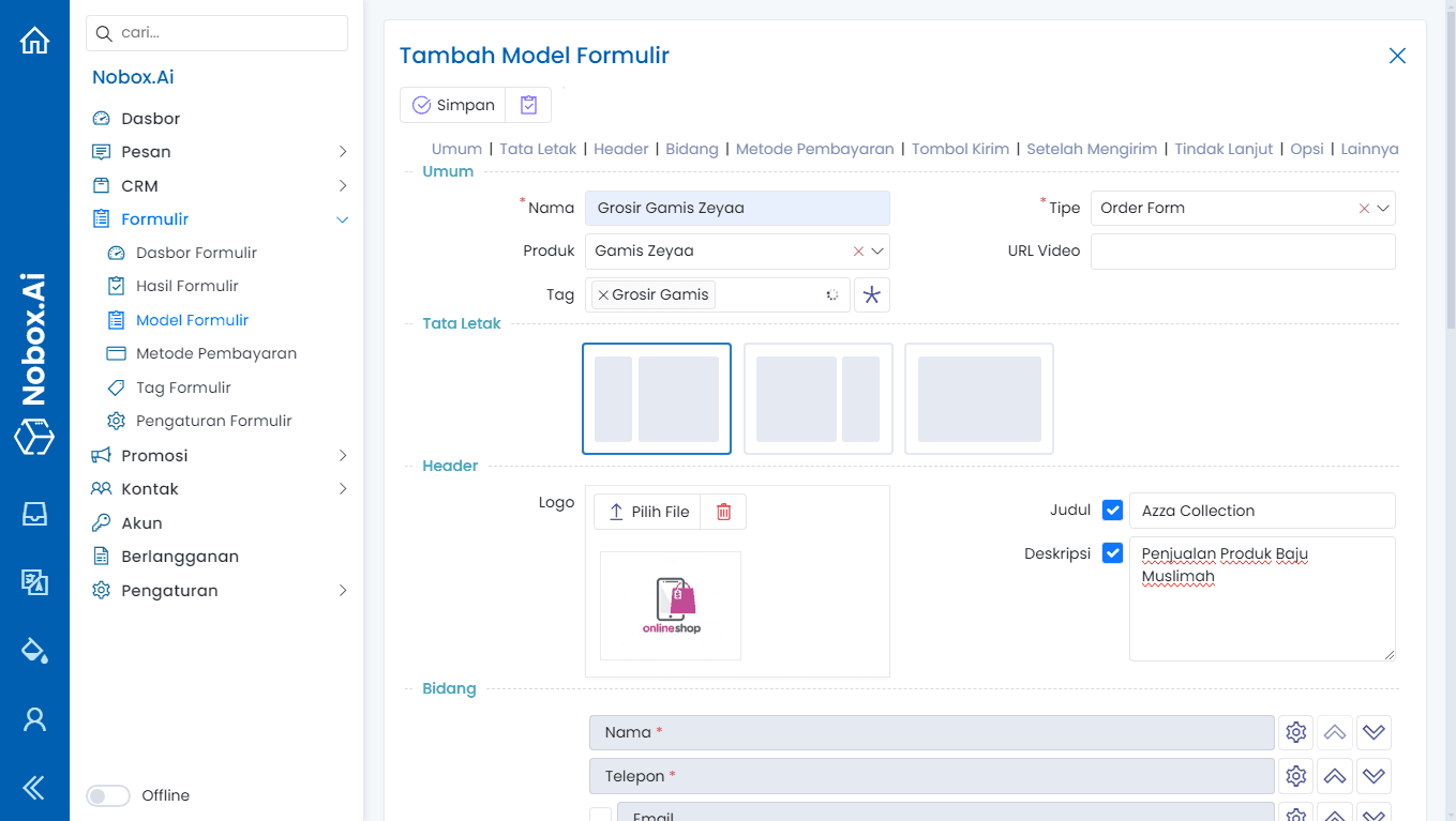 Tampilan Tambah Model Formulir