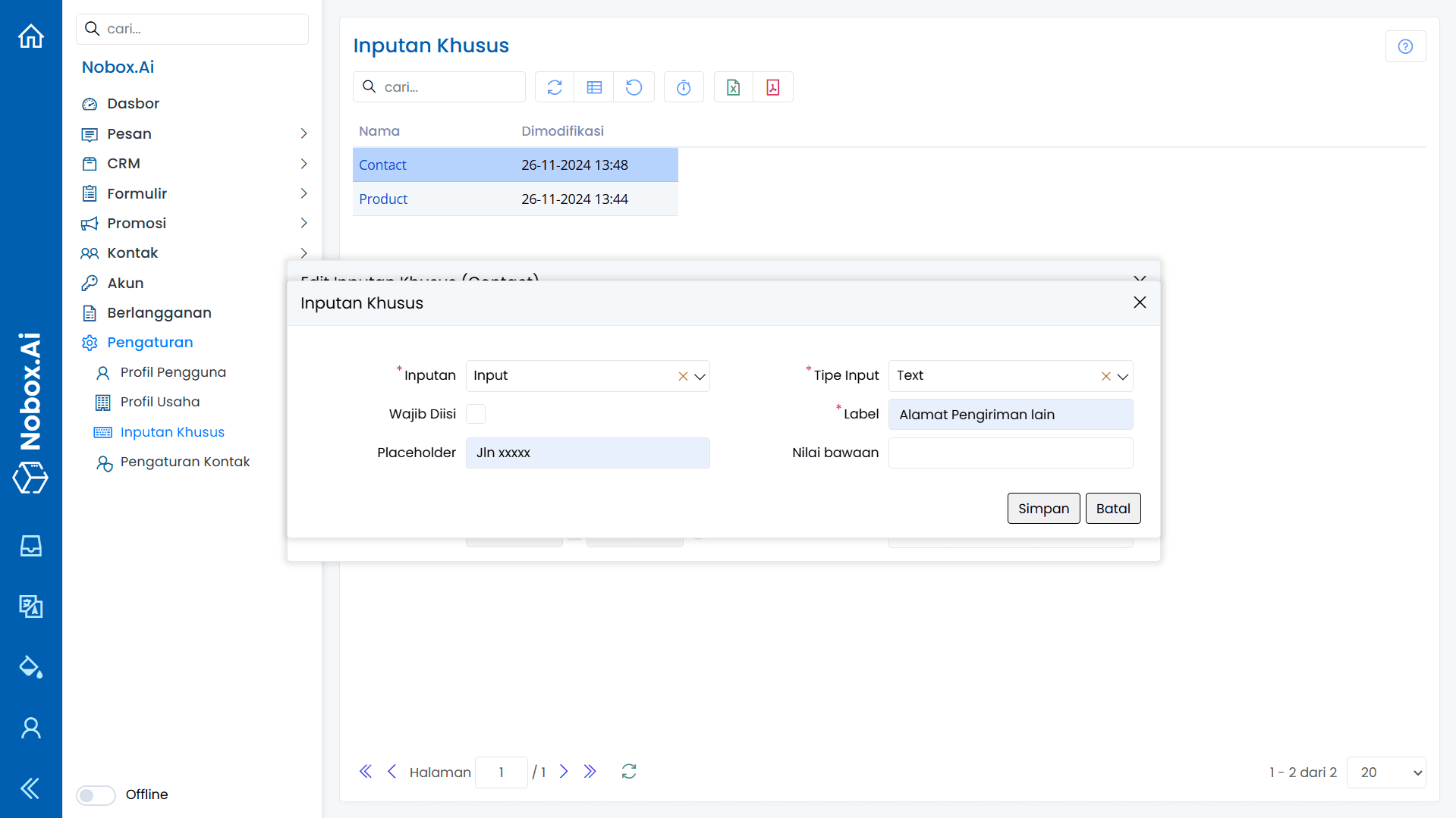 Dialog Tambah Inputan Khusus