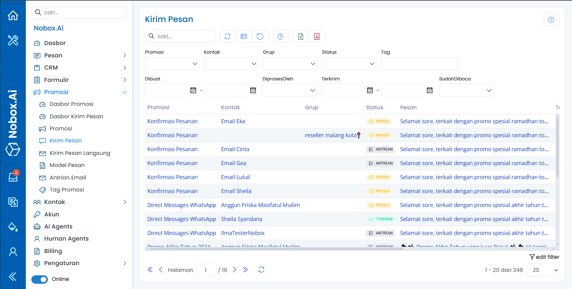 Tampilan List Kirim Pesan