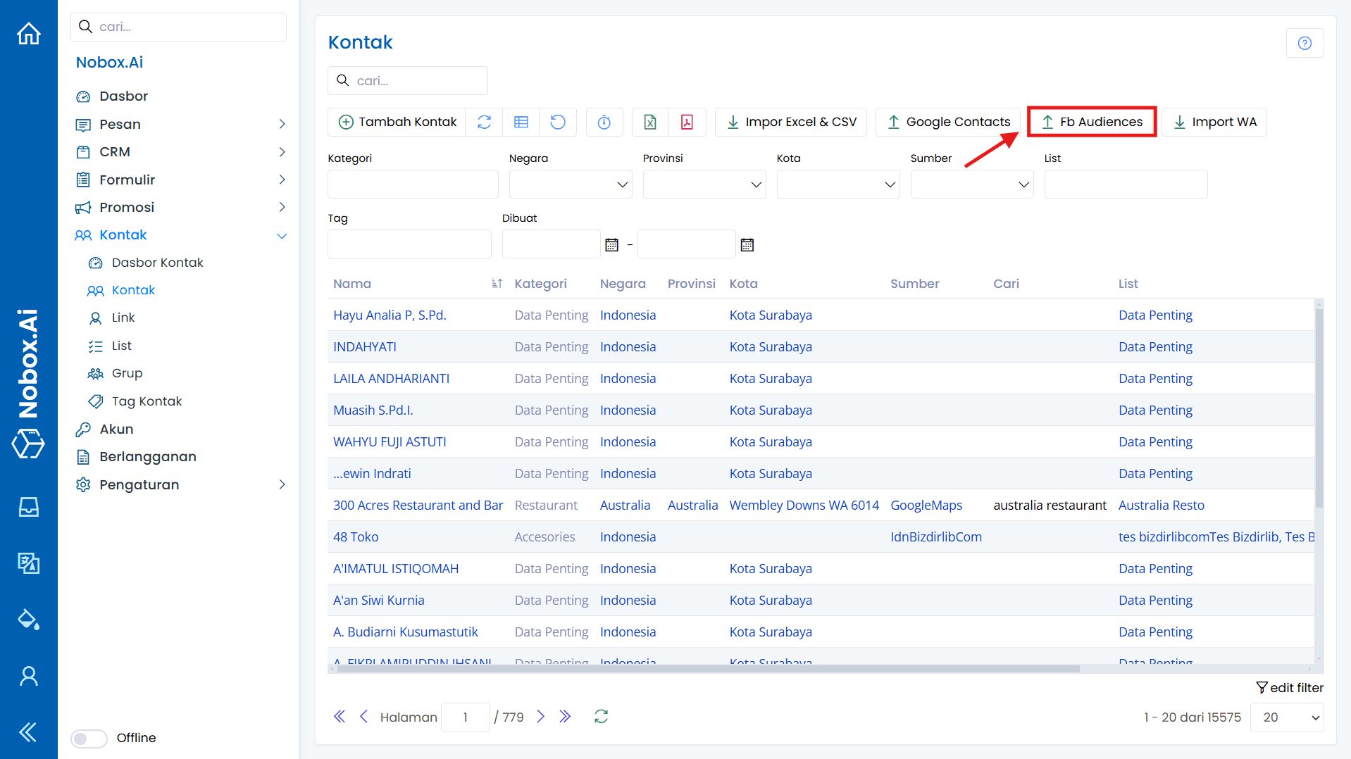 Fitur Ekspor ke Facebook Audiences
