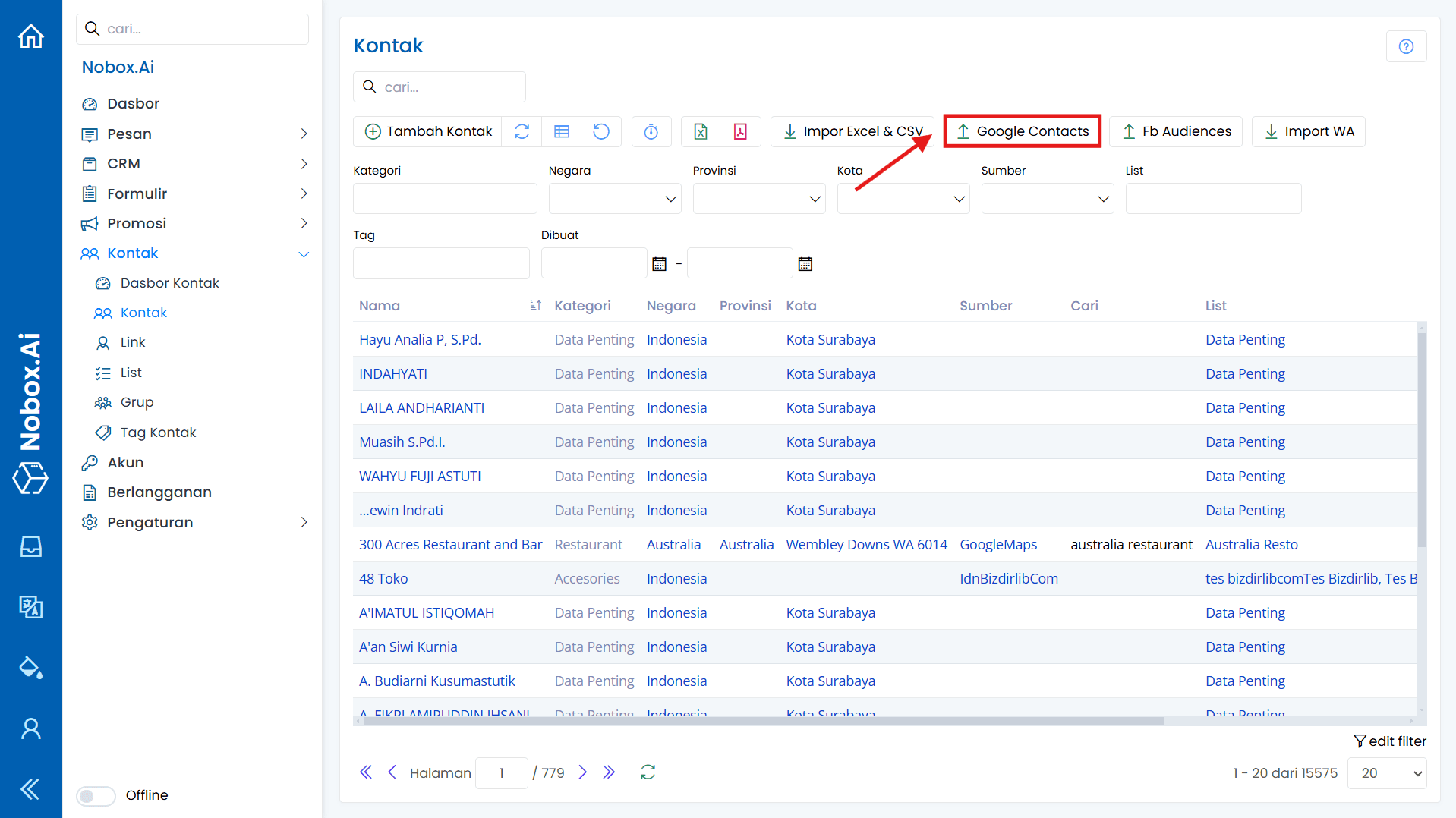 Tombol Ekspor ke Google Contact