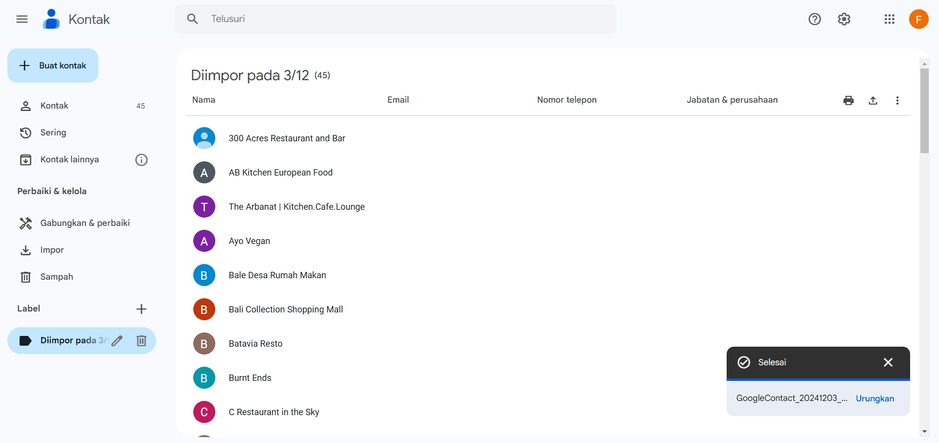 Hasil Akhir Impor Kontak di Google