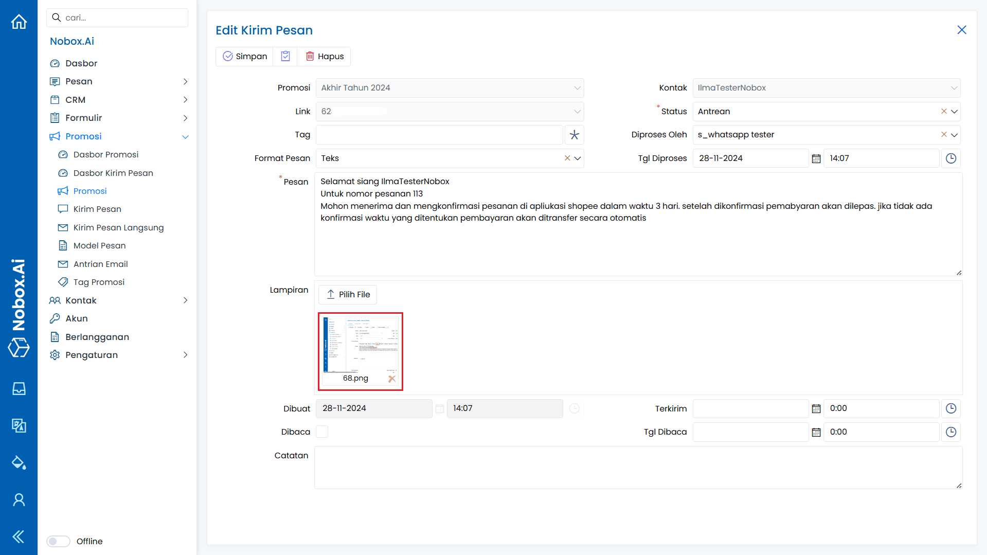 Hasil Kirim dengan Lampiran