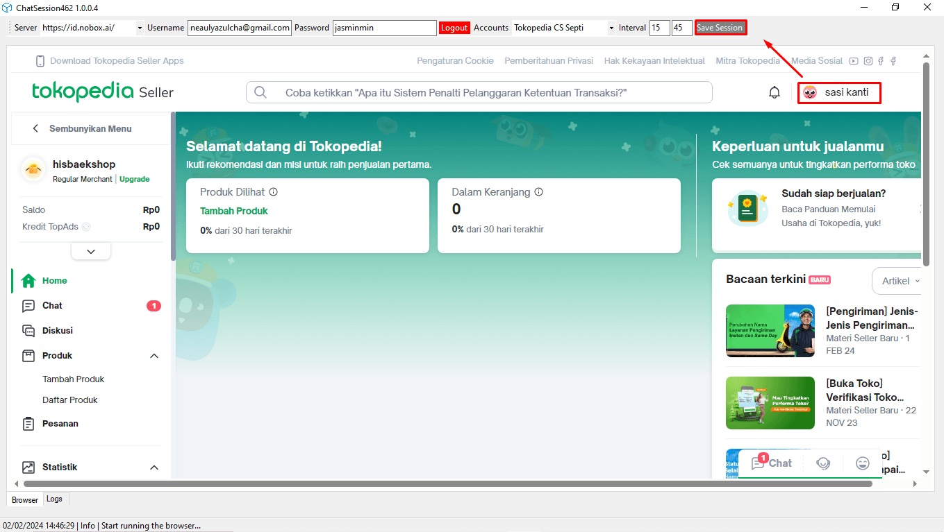 Konfigurasi Sesi Tokopedia